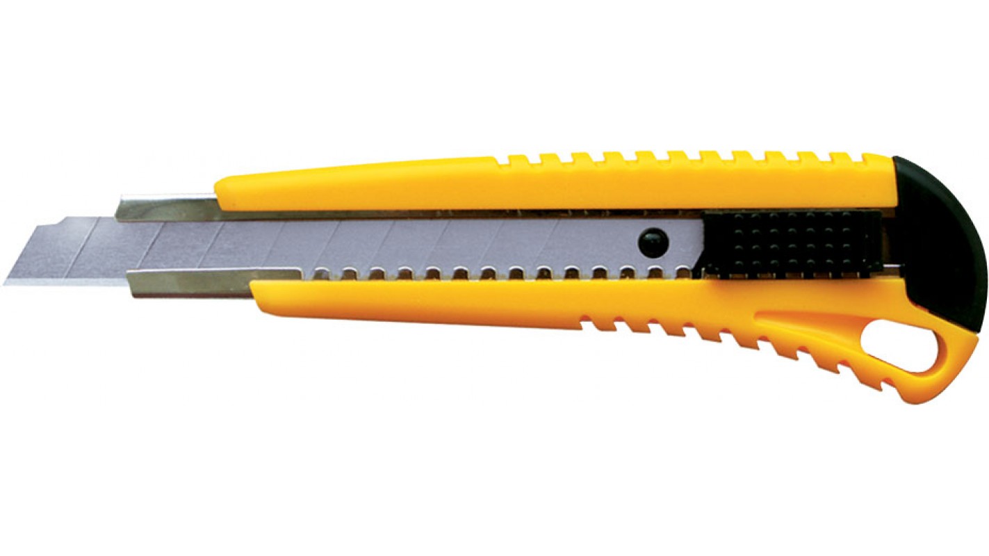Конструкция канцелярского ножа: инструмент состоит из корпуса, лезвия и фиксатора