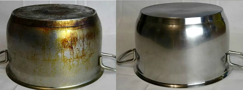 Пример кастрюли до и после очистки с помощью соды и канцелярского клея