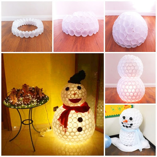 Чудесный снеговик из пластиковых стаканчиков – милый и уютный элемент декора